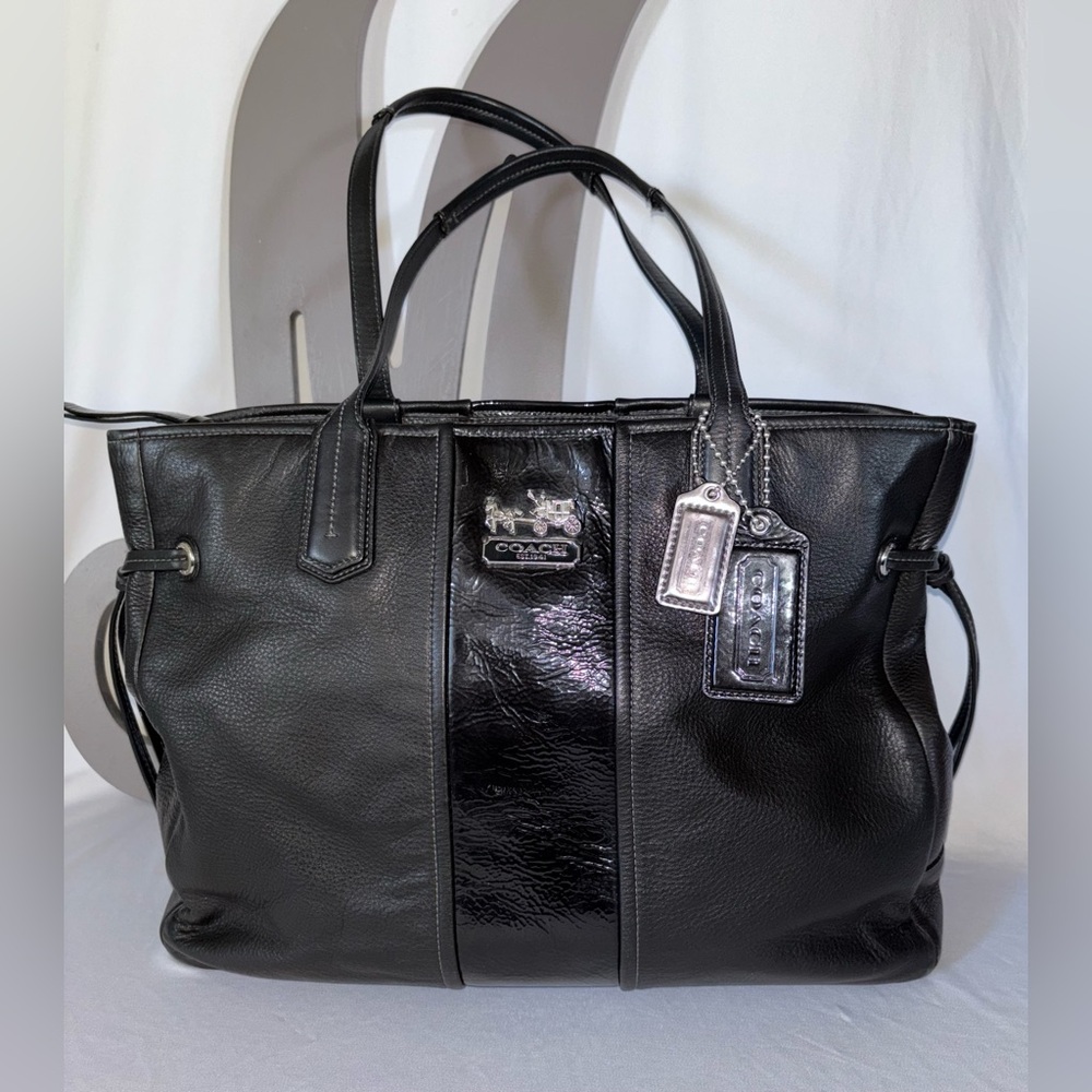 *COACH* Vintage Black Leather Stripe Chelsea Carryall Tote Bag.